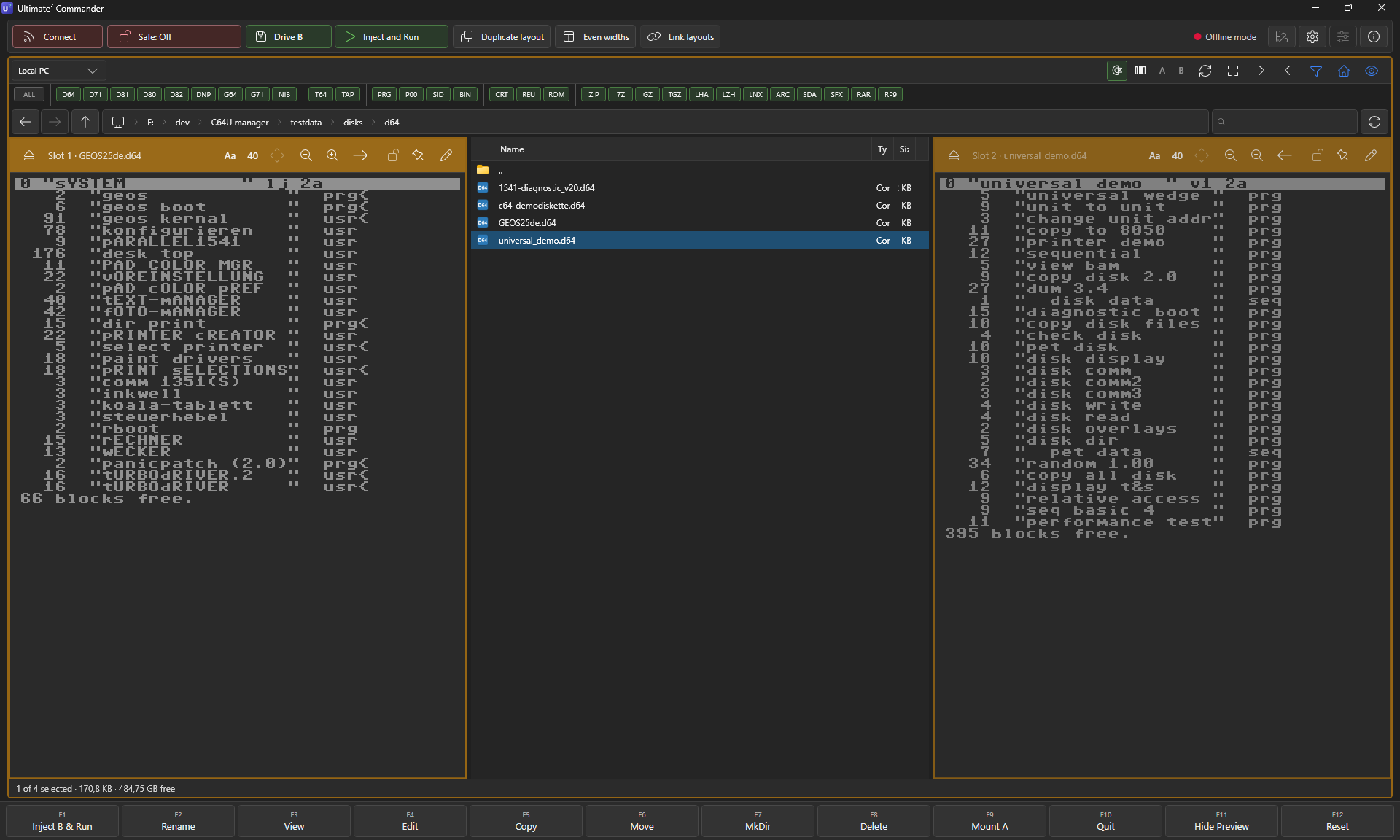 Diskbench three-column mode with two D64 images pinned and a navigator listing more in the middle.