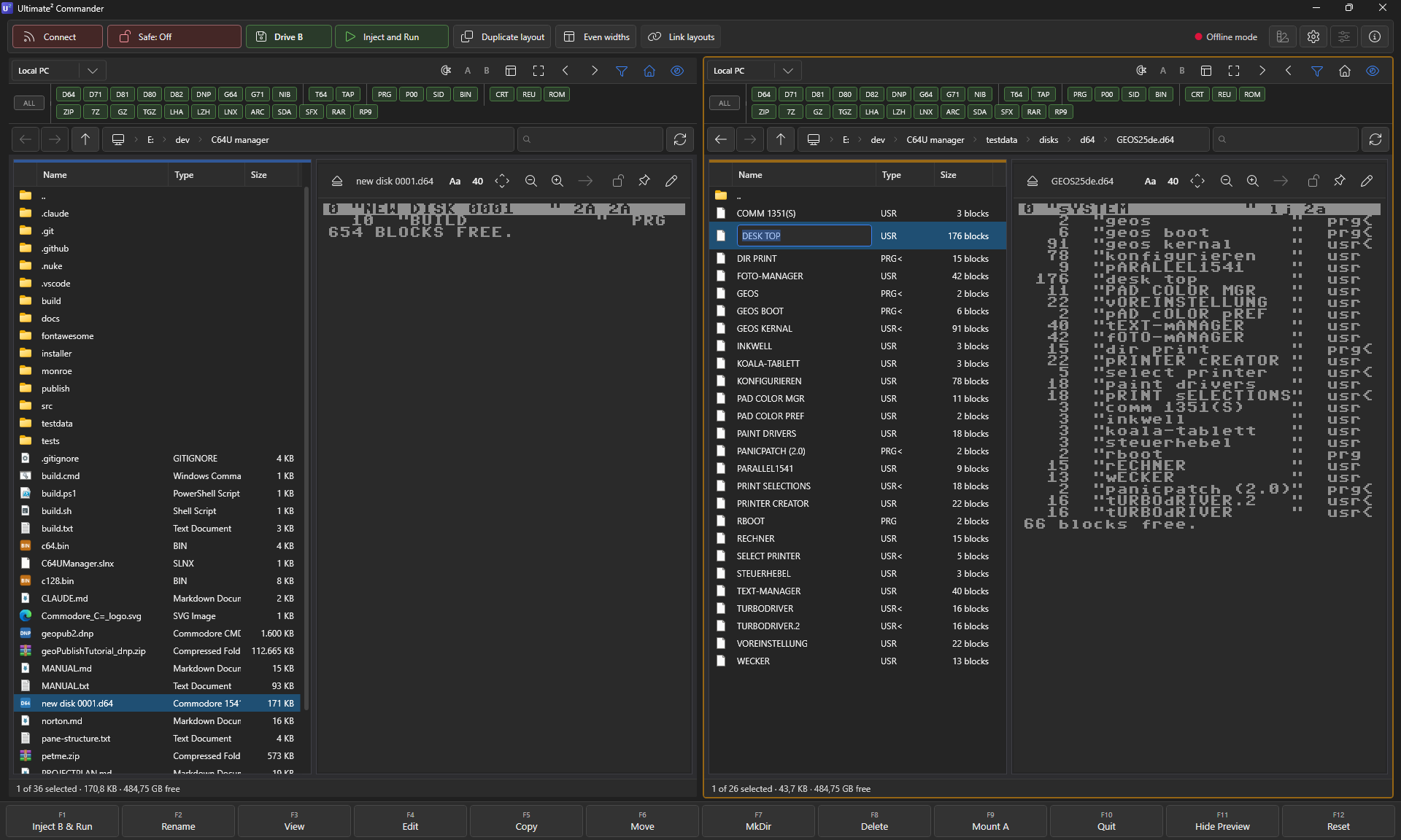 A D64 image opened inside a pane with the inline-rename editor active and the F-key bar at the bottom.